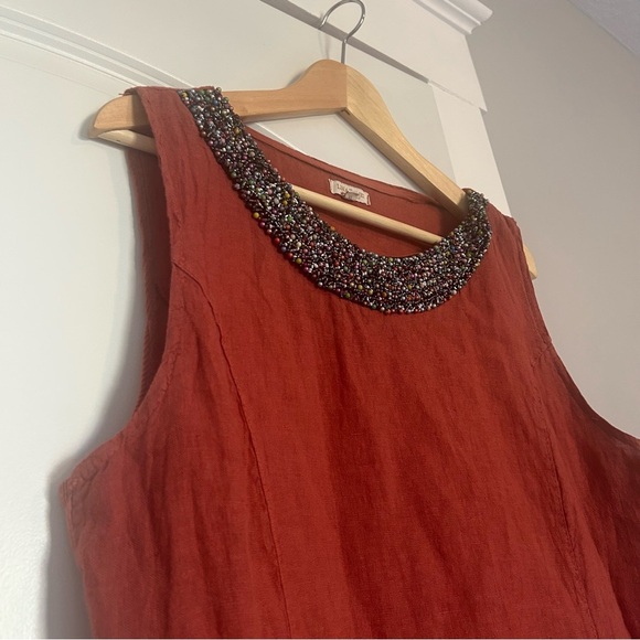 Lina Tomei Linen Pull Over Dress Beaded Neck Rusty Orange Brown Pockets Italy XL - Picture 3 of 7
